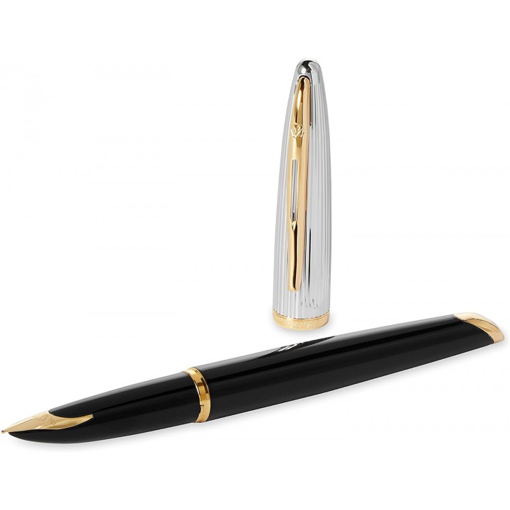 Waterman Fountain Pen Carène Gloss Black & Silver Plated with 23k Gold Clip S0699920